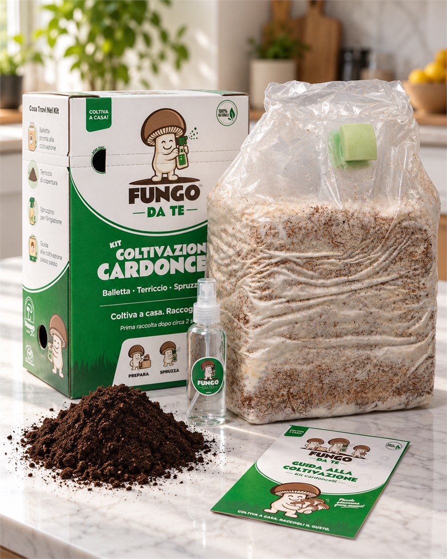 Kit Fungo Da Te con scatola, balletta, terriccio, spruzzino e guida cartacea