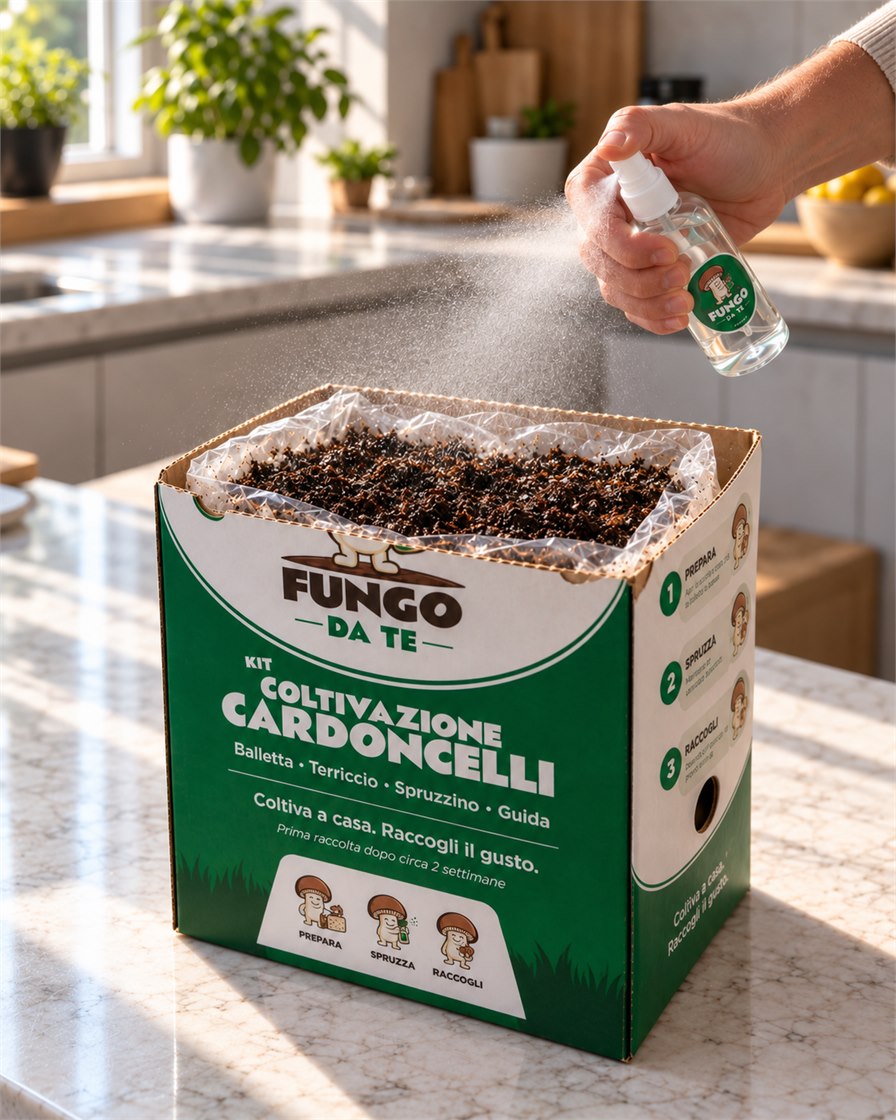Mano che nebulizza il kit di coltivazione cardoncelli Fungo Da Te