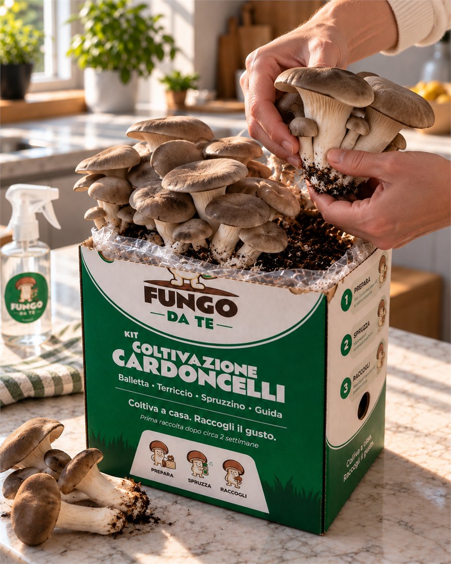 Mani che raccolgono cardoncelli dal kit Fungo Da Te
